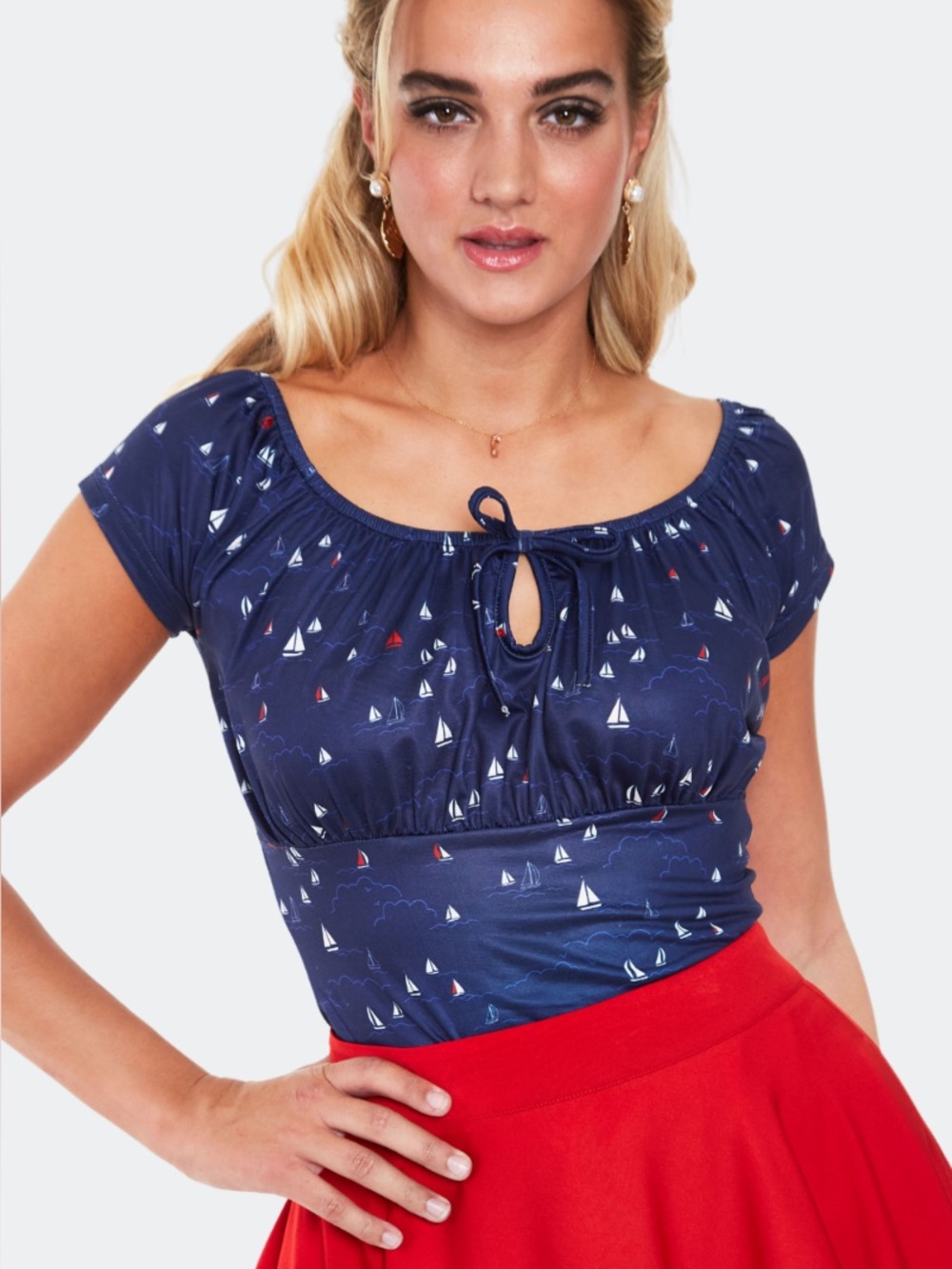 Voodoo Vixen Navy Sailboat-Print pin-up Peasant top